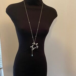 Silver Tone Sea Turtle Long Pendant Necklace‎ Blue White Beaded Coastal Jewelry